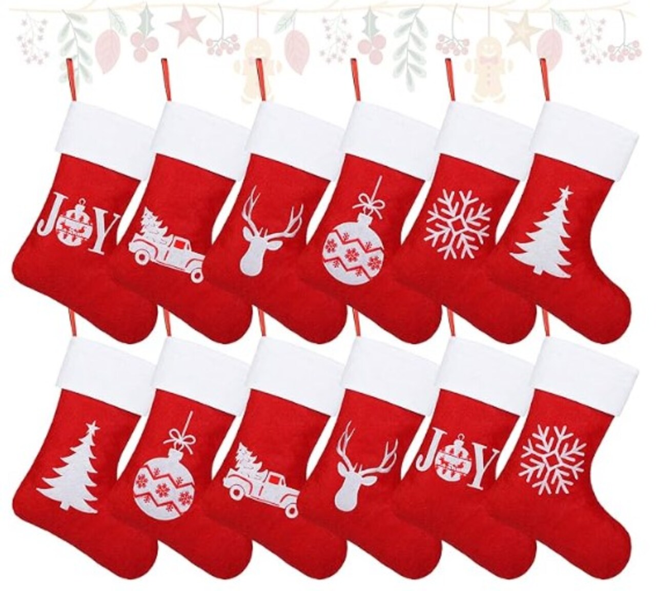 Christmas Stockings 12 Pack Felt Red Christmas Stockings 15 Inch with Reindeer Snowflake Pattern Christmas Stockings for the Christmas Tree Fireplace Window Decorations